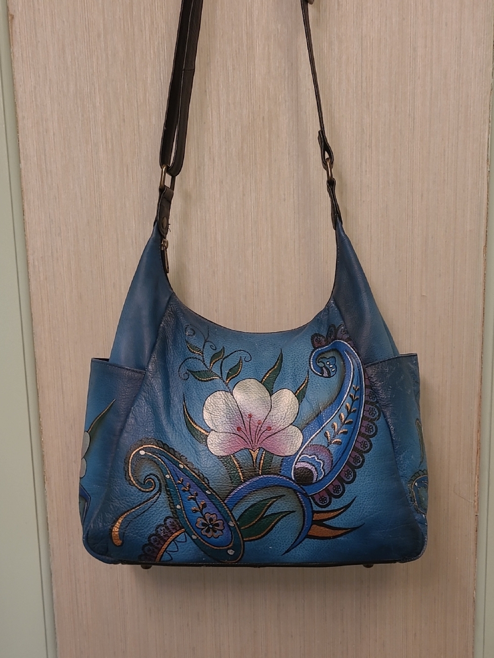 Anuschka Denim Paisley Floral Hand-Painted Leather Hobo Bag and makeup bag